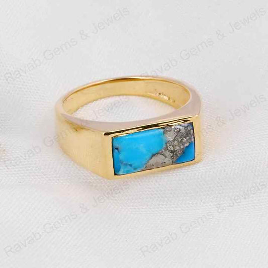 Best Selling 7x14mm Natural Pyrite Turquoise Gemstone Handmade 925 Silver Rectangle Vermeil Eternity Ring Fine Jewelry For Men's