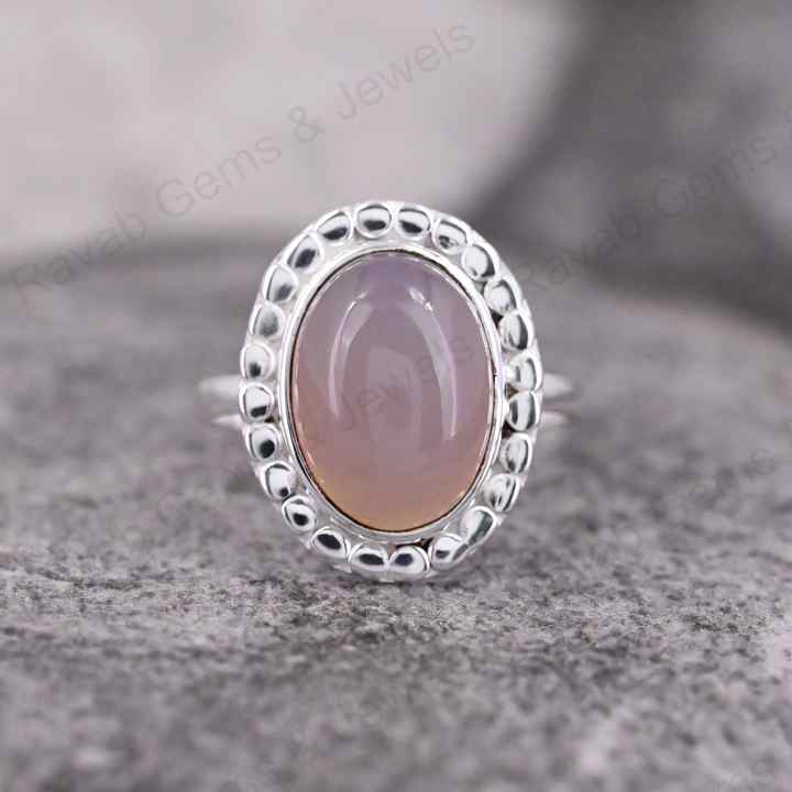 Natural Rose Quartz 10x14mm Oval Cabochon Gemstone Solid 925 Sterling Silver Beaded Bezel Setting Ring Handmade Fine Jewelry