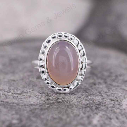 Natural Rose Quartz 10x14mm Oval Cabochon Gemstone Solid 925 Sterling Silver Beaded Bezel Setting Ring Handmade Fine Jewelry