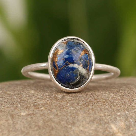Top Selling 925 Sterling Silver Women's Ring Mohave Lapis Lazuli & Copper Gemstone Bezel 10x17mm Coffin Dainty Fine Jewelry