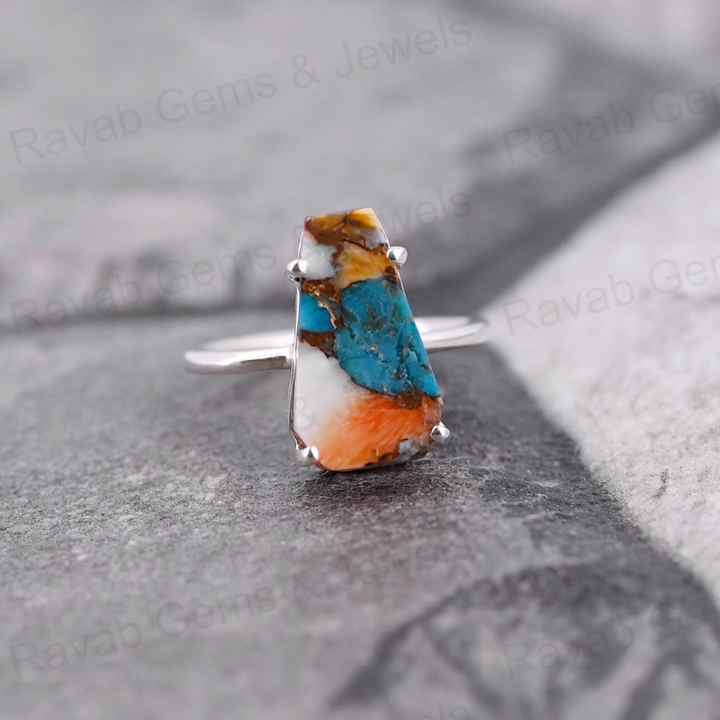 Top Selling 10x17mm Mohave Mix Oyster Copper Turquoise Stone 925 Silver Handmade Coffin Shape Bezel Ring Fine Jewelry For Women