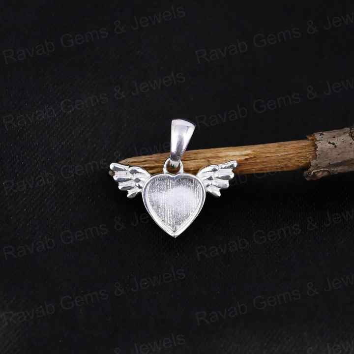 Genuine 925 Sterling Silver 8mm Heart With Angel Wings Semi Mounting Pendant Blank Setting for Resin & Ashes Work DIY Jewelry