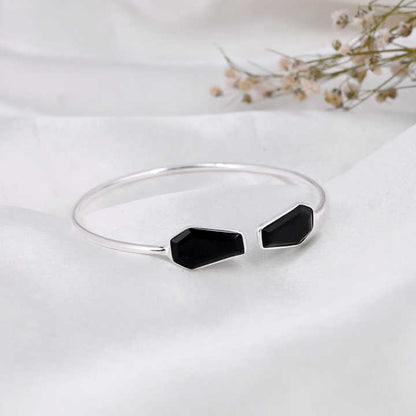 Top Selling Genuine Solid 925 Silver Black Onyx Coffin Shape Bezel Setting Minimalist Statement Adjustable Cuff Bangle For Women