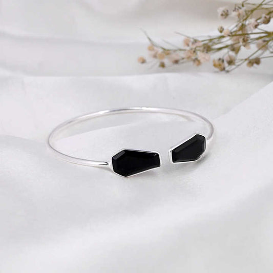 Top Selling Genuine Solid 925 Silver Black Onyx Coffin Shape Bezel Setting Minimalist Statement Adjustable Cuff Bangle For Women