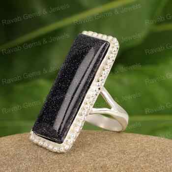 Handmade 10x20mm Blue Sunstone Cocktail Ring Solid 925 Sterling Silver in Rectangle Shape Superb Quality Wholesale Supply Women