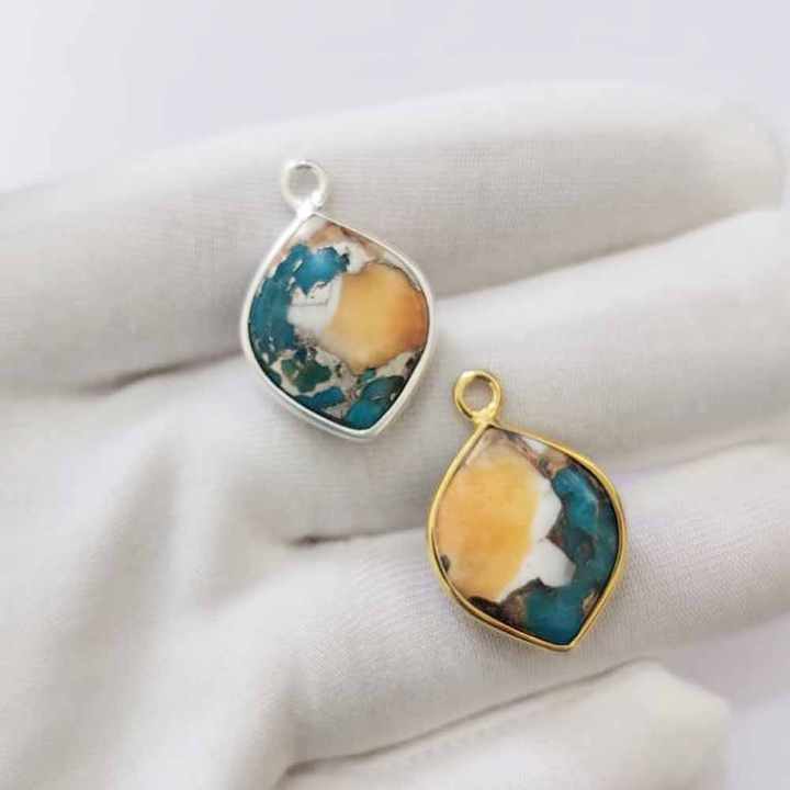 Superb Mohave Spiny Oyster Copper Turquoise 12x16mm Bezel Setting Marquise Cabochon Solid 925 Sterling Silver Charm Pendant