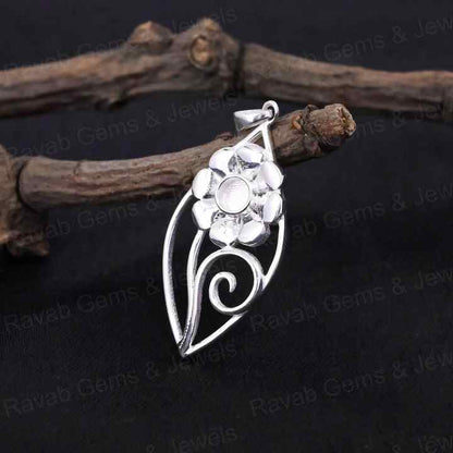 Handmade 925 Silver Semi-Mounting Charm Pendant Leaf Flower Design Stone Setting for DIY Keepsake Jewelry Findings Components