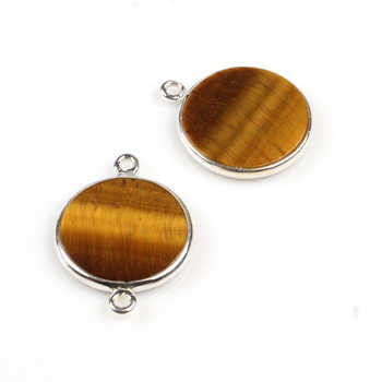 12mm Round Coin Natural Brown Yellow Tiger Eye Gemstone Bezel Sterling Silver Charms Connector Pendant for Necklace & Bracelet
