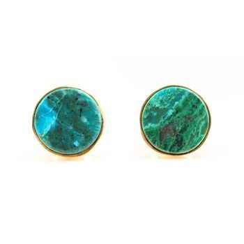 Top Quality Genuine Solid 925 Sterling Silver 18k Gold Plated 10mm Natural Chrysocolla Round Smooth Stud Earring for Women