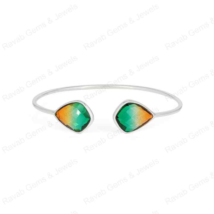 Genuine Solid 925 Sterling Silver Watermelon Tourmaline Kite Shape Checker Cut Bezel Setting Adjustable Gift Bangle For Women