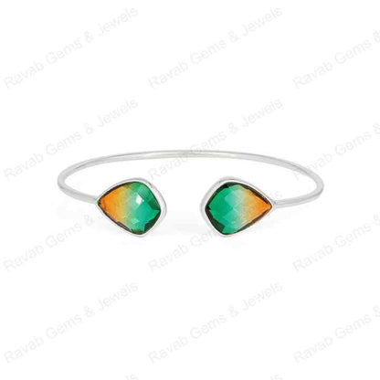 Genuine Solid 925 Sterling Silver Watermelon Tourmaline Kite Shape Checker Cut Bezel Setting Adjustable Gift Bangle For Women