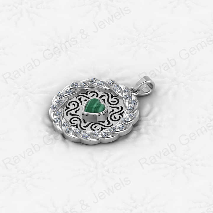 Solid 925 Sterling Silver Natural Malachite Gemstone Heart Shape 5.50mm Filigree Designer Pendant Necklace Handmade Jewelry