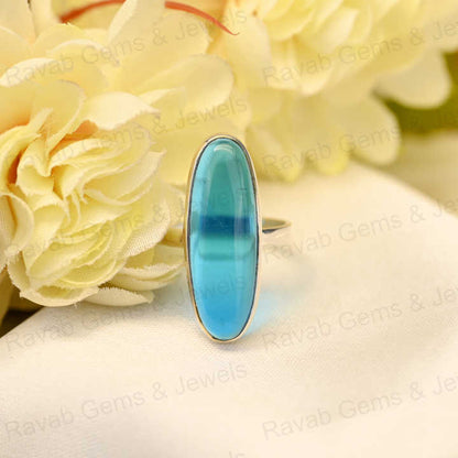 Top Selling Solid 925 Sterling Silver Blue Topaz Quartz 10x30mm Long Oval Bezel Setting Ring for Women Fine Handmade Jewelry