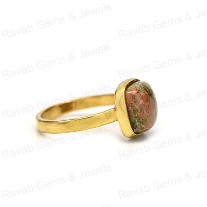 Hot Selling Solid 925 Sterling Silver Natural Unakite Cushion Shape 12mm Bezel Setting 18k Gold Filled Fine Ring for Women