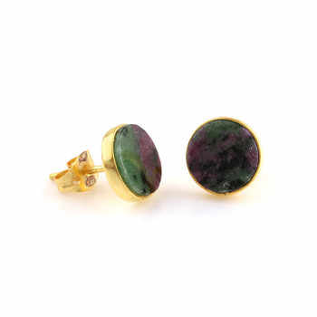 Best Selling New Design Genuine Pink & Green Ruby Zoisite Stone Solid 925 Sterling Silver 18k Gold Plated Stud Earring for Women
