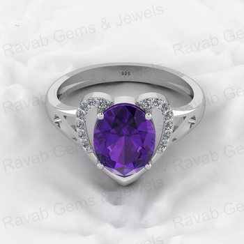 Hot Selling 8x10mm Oval Amethyst Solid 925 Sterling Silver Heart-Shaped Prong Ring for Women Fine Anniversary Ring