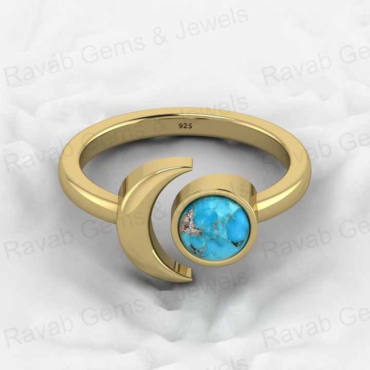 Best Selling 18K Gold Plated Genuine 925 Silver Blue Copper Turquoise Round Gemstone Adjustable Moon Ring for Women Fine Jewelry