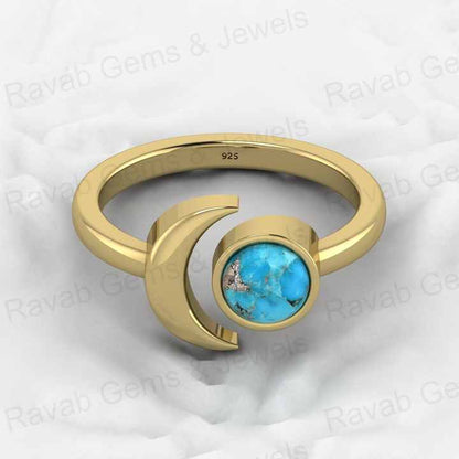 Best Selling 18K Gold Plated Genuine 925 Silver Blue Copper Turquoise Round Gemstone Adjustable Moon Ring for Women Fine Jewelry