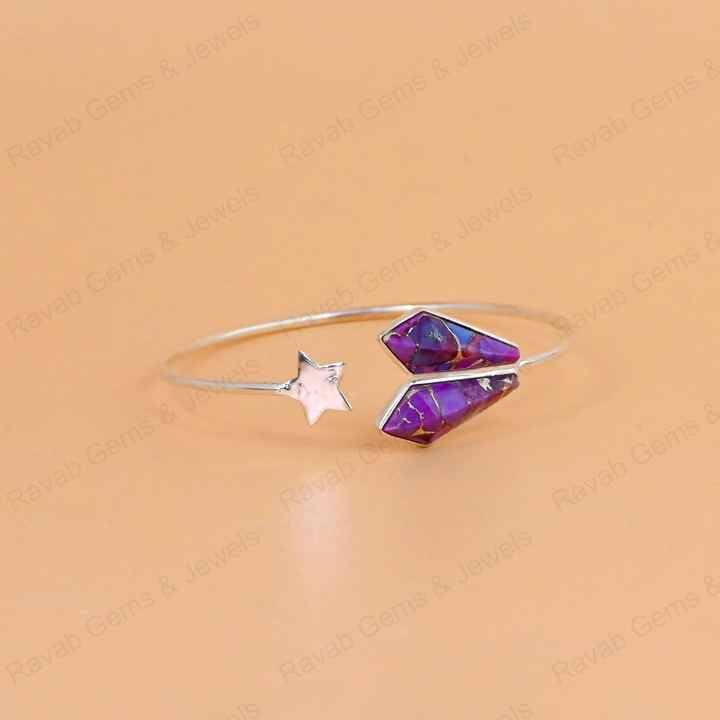Purple Copper Turquoise Kite Shape 8x16mm Bezel Setting Star Design Solid 925 Sterling Silver Bangle Bracelet For Women Jewelry