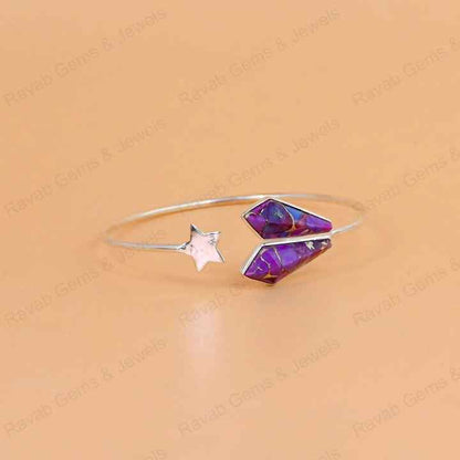 Purple Copper Turquoise Kite Shape 8x16mm Bezel Setting Star Design Solid 925 Sterling Silver Bangle Bracelet For Women Jewelry
