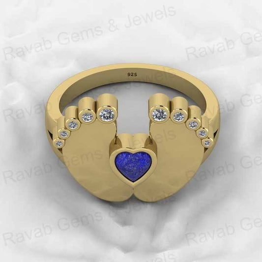 Top Selling Genuine 925 Sterling Silver 4X4mm Heart New Baby Born Foot Lapis Lazuli With CZ Cocktail Ring for Women Jewelry
