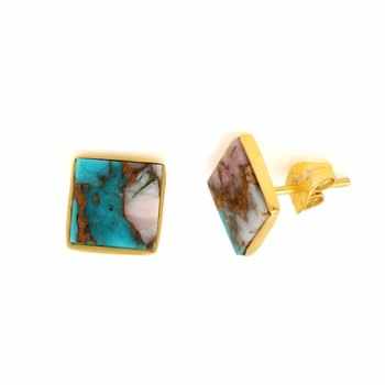 Top Selling Mohave Pink Opal Copper Turquoise Gemstone Jewelry High Polished Gold Plated Sterling Silver Stud Earrings for Girls