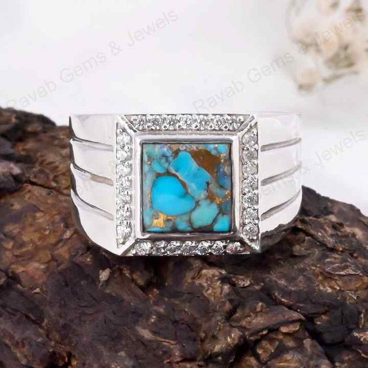 Top Quality Solid 925 Sterling Silver Natural Blue Copper Turquoise Square 10mm Bezel Setting Trending Men's Ring Fine Jewelry