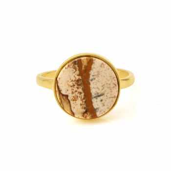 Best Selling Women's 12mm Flat Picture Jasper Gemstone Eternity Band Ring Handmade Genuine Silver Fine Jewelry with Gold Vermeil