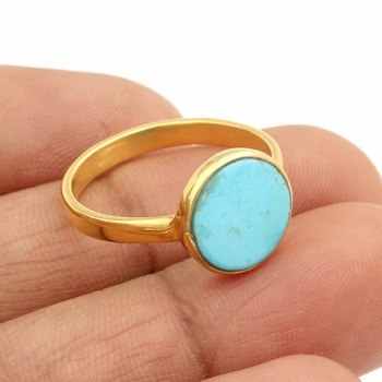 Best Selling Unisex-Trendy 18K Gold Plated Rhodium Fine Ring 12mm Natural Arizona Turquoise Gemstone Coin Shape Jewelry Women