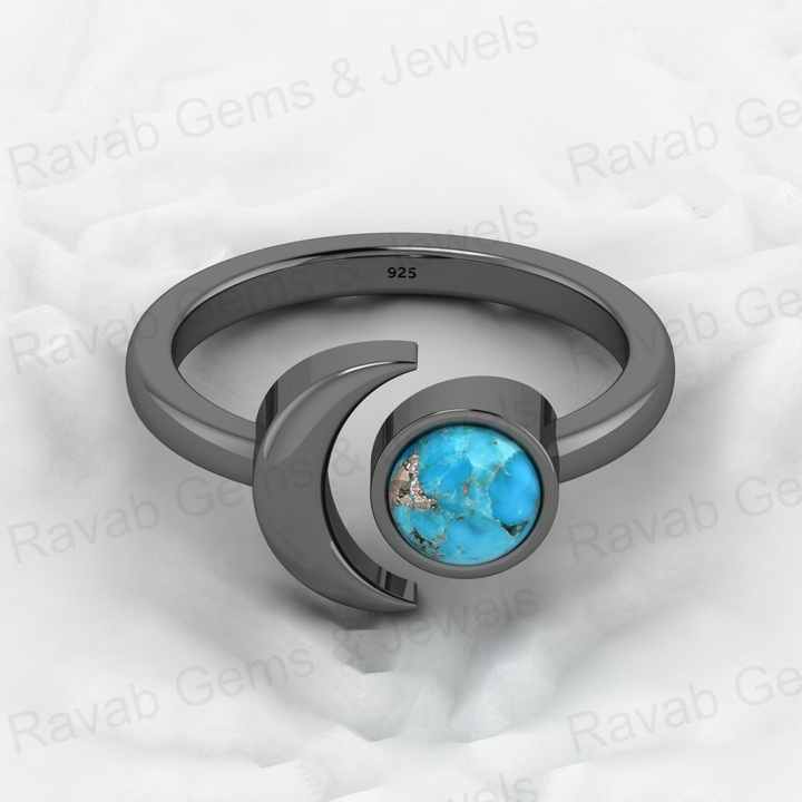 Best Selling 18K Gold Plated Genuine 925 Silver Blue Copper Turquoise Round Gemstone Adjustable Moon Ring for Women Fine Jewelry