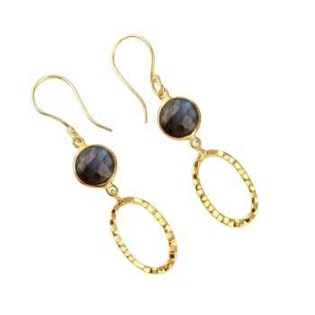 Best Quality Solid 925 Sterling Silver Genuine Labradorite 8mm Round Rose Cut 18k Gold Plated Drop Dangle Earring for Women