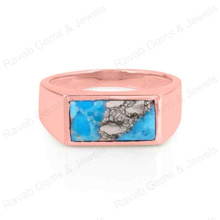 Best Quality Natural Pyrite Turquoise Gemstone Solid 925 Sterling Silver 18k Rose Gold Plated Ring For Women Party Fine Jewelry