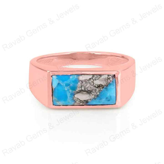 Best Quality Natural Pyrite Turquoise Gemstone Solid 925 Sterling Silver 18k Rose Gold Plated Ring For Women Party Fine Jewelry
