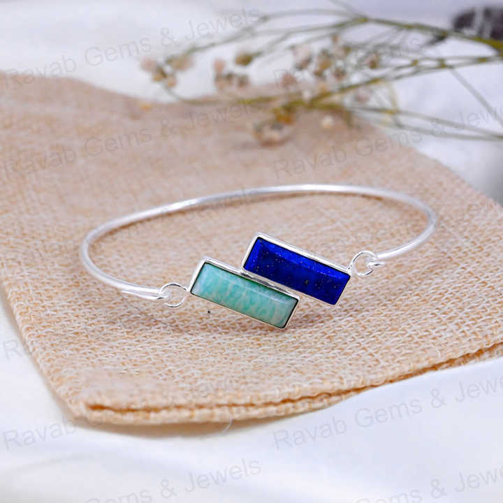 Handmade 925 Silver Minimalist Statement Adjustable Women Bangle Amazonite Lapis Lazuli Rectangle Bezel Setting Fine Jewelry