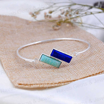 Handmade 925 Silver Minimalist Statement Adjustable Women Bangle Amazonite Lapis Lazuli Rectangle Bezel Setting Fine Jewelry