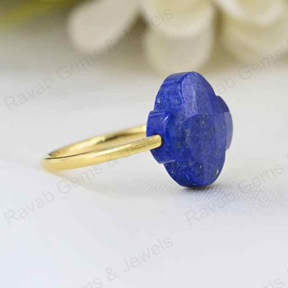 Best Selling Natural Lapis Lazuli Clover Flower Shape Gemstone Solid 925 Silver 18k Gold Plated Rotating Women Ring Fine Jewelry