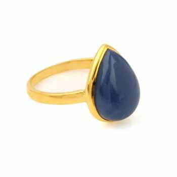 New Arrival Smooth Polished 10x14mm Natural Blue Opal Gemstone Solid Silver Bezel Micron Gold Plated Teardrop Ring Mom Fine