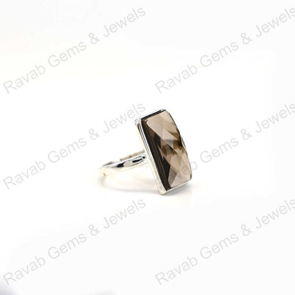 Top Quality Solid 925 Sterling Silver Smoky Quartz Checker Cut Rectangle Shape Bezel Setting Ring for Women Handmade Jewelry