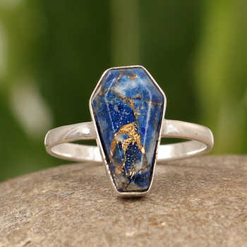 Top Quality Handmade 925 Sterling Silver Mens Womens Ring Blue Copper Lapis Lazuli Coffin Shape Bezel Setting Genuine Fine