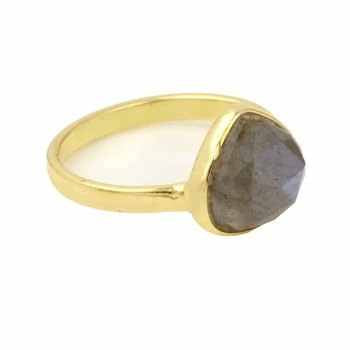 Solid 925 Sterling Silver 18K Gold Plated Handmade 12mm Heart-Shape Checker Cut Bezel Setting Ring Natural Labradorite Fine