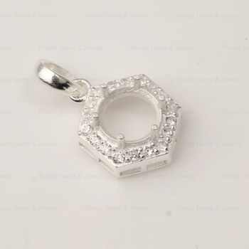 High Quality Pure 925 Silver 8mm Hexagon Semi Mount Charm Pendant With CZ Prong Setting for DIY Jewelry Findings & Components