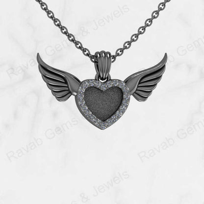 Solid 925 Silver Angel Wings Heart Base Blank Bezel CZ Setting Ashes Resin Keepsake Charm Pendant Jewelry Findings Components