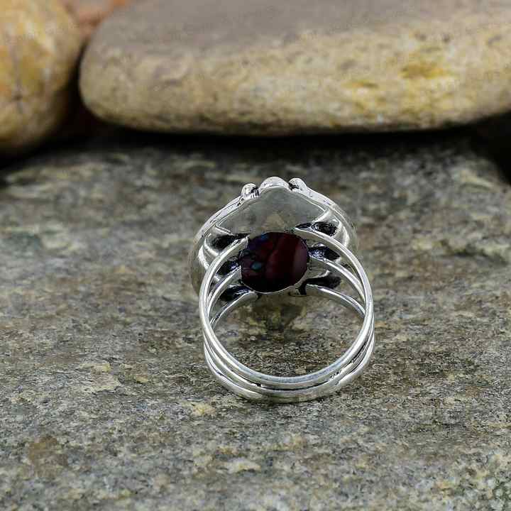 Natural Kingman Pink Dahlia Oyster Turquoise Solid 925 Sterling Silver Oval 10x14mm Bezel Setting Vintage Handmade Ring Women