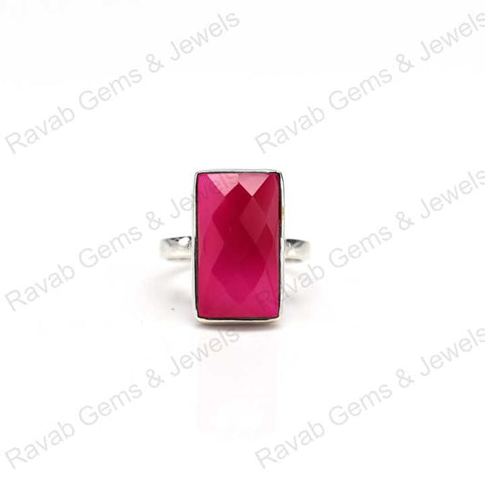 Best Quality Solid 925 Sterling Silver Pink Fuchsia Chalcedony Checker Cut Rectangle Shape Ring for Women Fine Handmade Jewelry