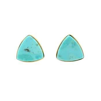 New Arrival Solid 925 Sterling Silver 12mm Trillion Bezel Stud Earring Gold Genuine Arizona Turquoise Handmade Women-Gift