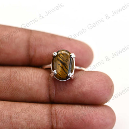 Best Selling Solid 925 Sterling Silver Natural Tiger Eye Oval Cabochon Setting Ring for Women Fine Handmade Christmas Jewelry