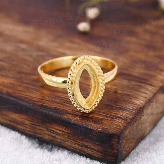 Handmade 925 Sterling Silver Gold Plated 8x16mm Marquise Beaded Open Bezel Ring Setting Blank Gemstone Jewelry Making Findings