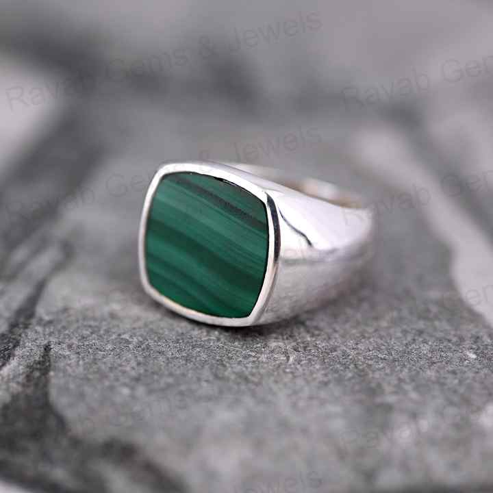Handmade 925 Silver 14mm Flat Cushion Stone Natural Malachite Turkish Signet Ottoman Bezel Statement Ring Fine Jewelry For Men's
