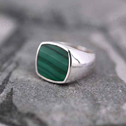 Handmade 925 Silver 14mm Flat Cushion Stone Natural Malachite Turkish Signet Ottoman Bezel Statement Ring Fine Jewelry For Men's