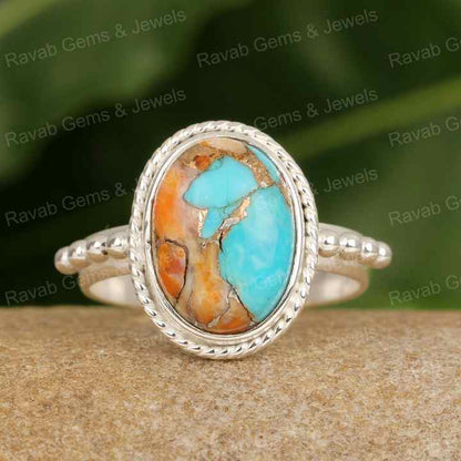 New Arrival 925 Sterling Silver Women's Wedding Ring Handmade 10x14mm Oval Shape Spiny Oyster Turquoise Fine Jewelry